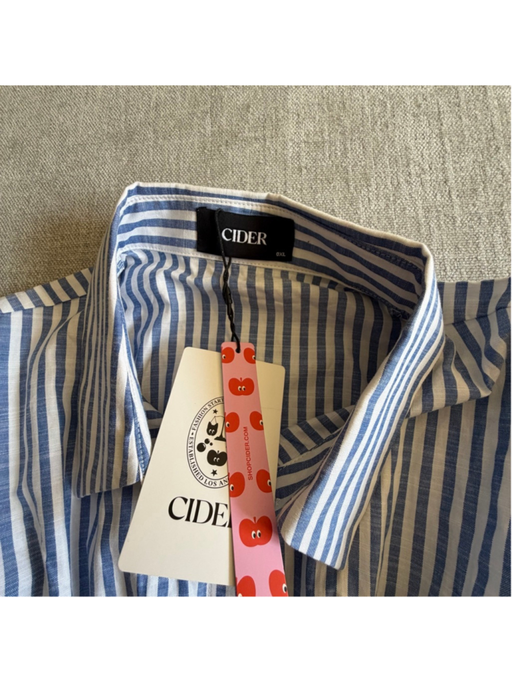 Cider COTTON-BLEND COLLAR STRIPE PLEATED CINCHED WAIST SHIRT blue and white 0X - Picture 5 of 12
